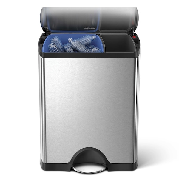 46 Liter Rectangular Dual Compartment Recycling Kitchen Step Trash Can, Brushed Stainless Steel